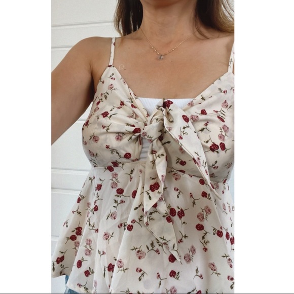 Boho Floral Print front tie Babydoll Top - Picture 5 of 5